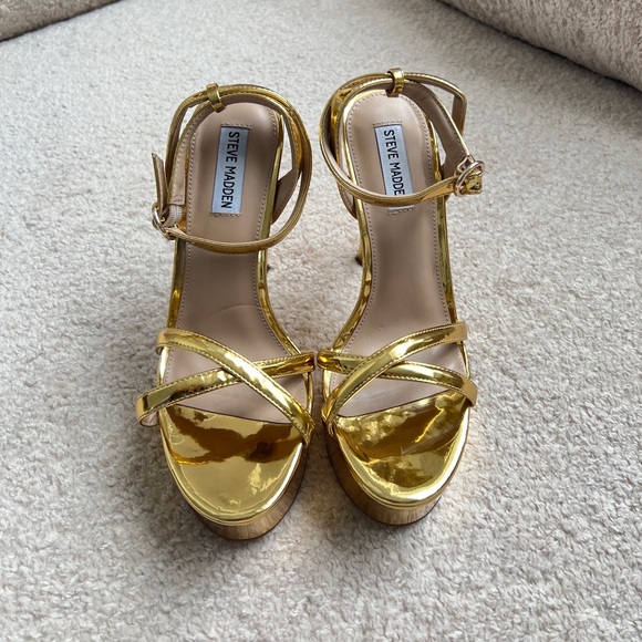 Steve Madden Metallic Gold Strappy Heels - Picture 2 of 6